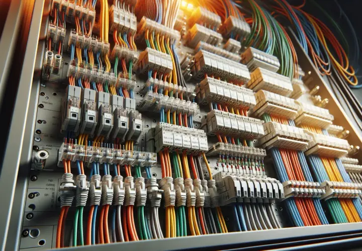 Panel z bezpiecznikami i kolorowymi kablami. Schematyczne przedstawienie, jak podłączyć kable do bezpieczników, z widocznymi zaciskami i przewodami.