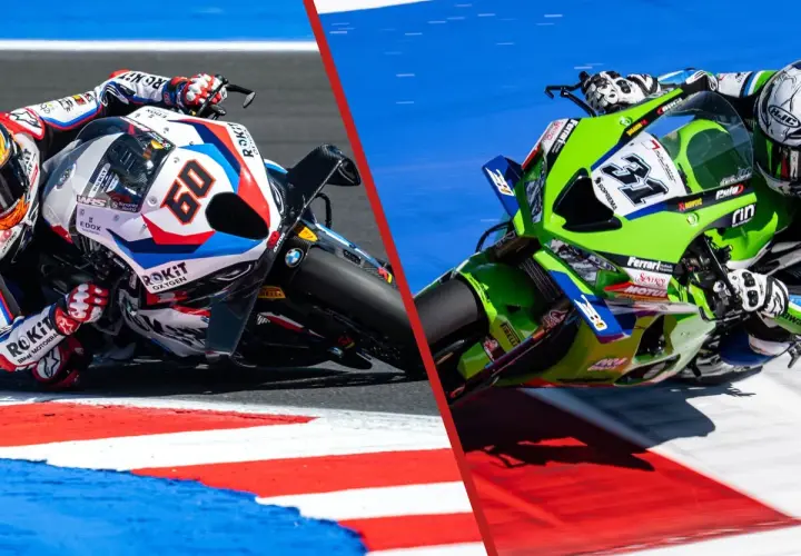 Dos motos de **BMW MotoGP** compiten en una carrera, una blanca y roja con el número 60, la otra verde con el número 31.