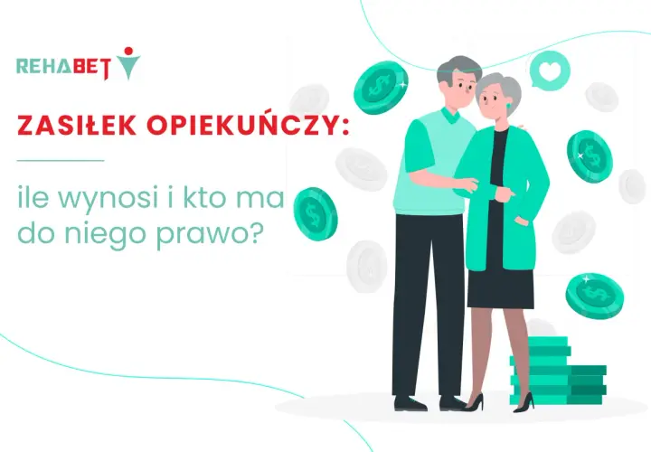 Zasiłek opiekuńczy: ile wynosi i kto ma do niego prawo? Ilustracja przedstawia parę seniorów otoczonych monetami, symbolizującymi wsparcie finansowe.