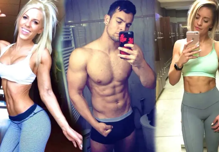 Trzy sylwetki w siłowni. Kobieta z lewej pokazuje biceps, mężczyzna w środku robi selfie, a kobieta z prawej prezentuje brzuch. Widać wyraźne efekty po 2 tygodniach suplementacji kreatyną.