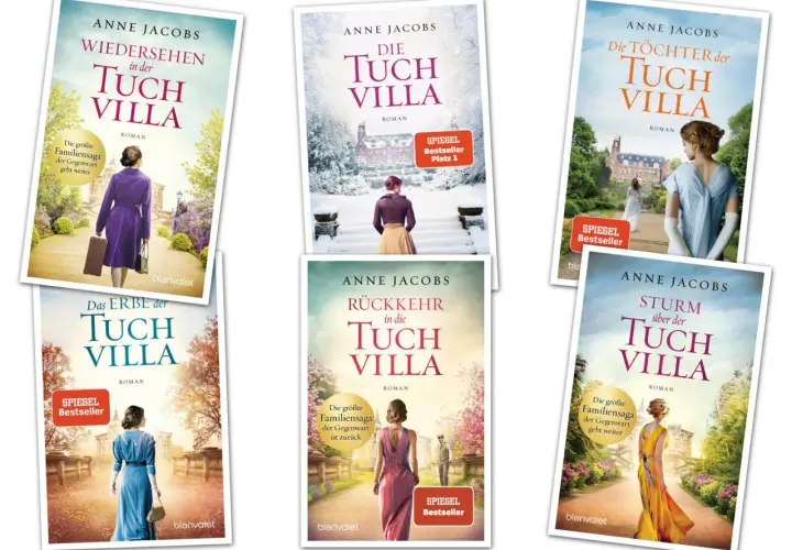 Die Tuchvilla-Saga von Anne Jacobs: Sechs Buchcover, die die Familiengeschichte der Tuchvilla erzählen.