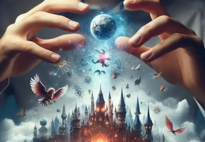 Dłonie tworzą świat z zamkami i latającymi stworzeniami, ilustrując zasady tworzenia systemów religijnych w światach fantasy.
