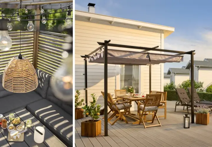 Mysig altan inspiration med bekväm soffgrupp, matplats och solstolar under pergola. Vackert ljus och grönska skapar en inbjudande atmosfär.
