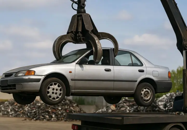 Un'auto d'argento viene sollevata da una gru, pronta per la rottamazione. Un'opportunità per un bonus rottamazione auto senza acquisto.