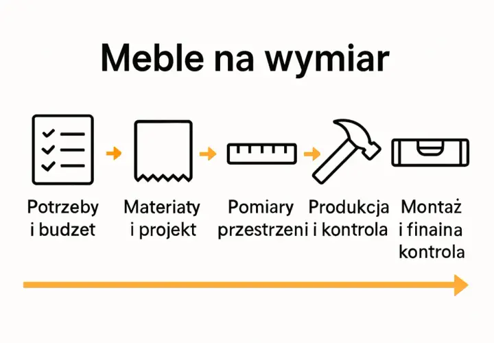 Schemat jak projektować meble na wymiar: potrzeby, materiały, pomiary, produkcja i montaż.