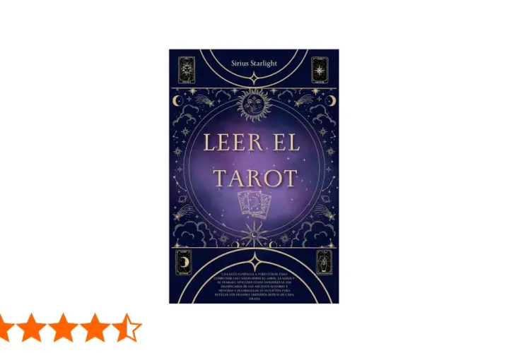 Portada de libro "Leer el Tarot" de Sirius Starlight, con ilustraciones celestiales y texto que promete desvelar el significado de las cartas del tarot.