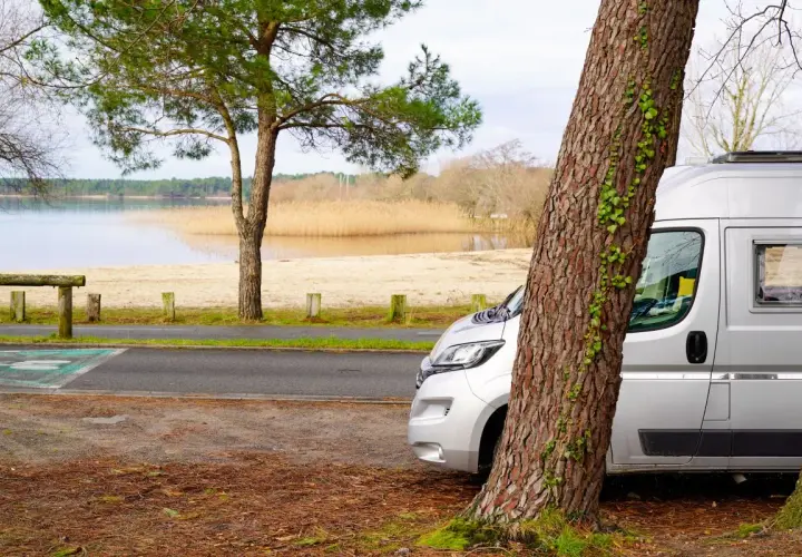 Un fourgon de 6 mètres est garé près d'un lac, à l'ombre d'un grand arbre. Le paysage est paisible, avec une plage de sable et des roseaux au loin.
