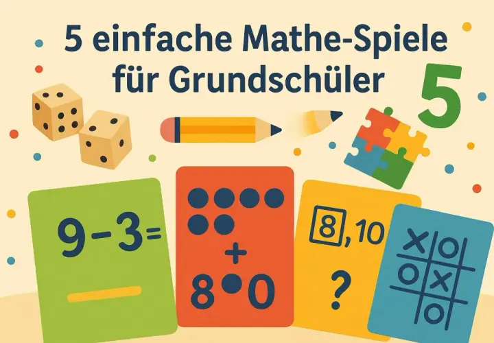 Bunte Karten mit Mathe-Aufgaben wie 9-3, Punktzahlen und Tic-Tac-Toe. Würfel und ein Bleistift deuten auf lustige Mathe-Spiele für Grundschüler hin.