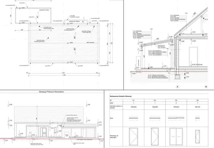 Projekt architektoniczno budowlany: przekrój, elewacja i zestawienie okien.