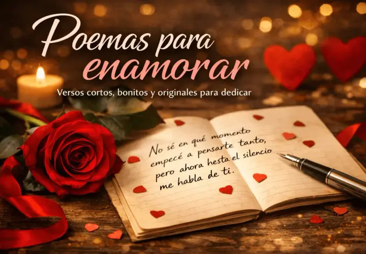 Un libro abierto con poemas de amor cortos, una rosa roja y corazones. Ideal para inspirar versos que enamoran.