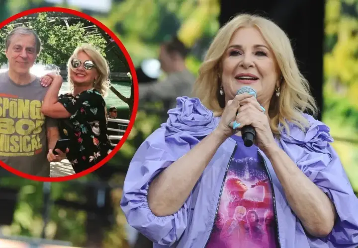 Majka Jeżowska z mężem Tomem Loganem. Ona śpiewa na scenie, on na zdjęciu w kółku.
