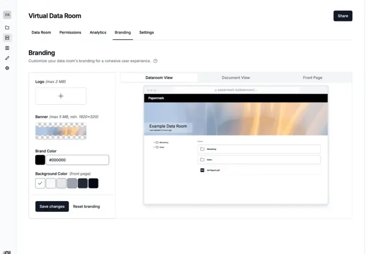 Interface de personnalisation du logiciel SI pour un "Virtual Data Room". Permet de définir logo, bannière, couleurs de marque et de fond.