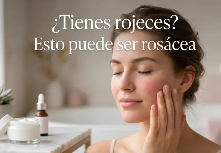 Mujer con mejillas enrojecidas, posible rosacea. Cuidado de la piel con crema y sérum.