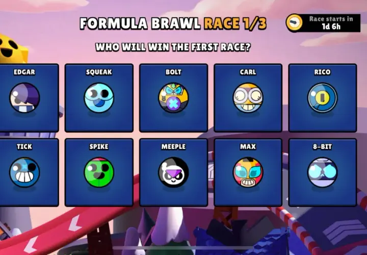 Wybierz swojego ulubionego z dostępnych brawl stars postacie do wyścigu Formuła Brawl! Kto wygra?