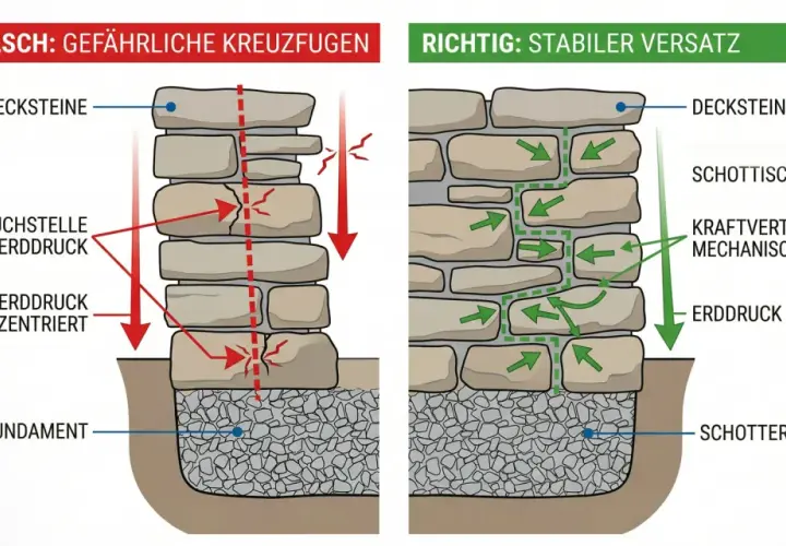 Vergleich: Falsch (gefährliche Kreuzfugen) und richtig (stabiler Versatz) beim Trockenmauer bauen. Die richtige Methode verteilt den Erddruck.