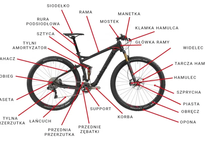 Schemat budowy roweru górskiego z oznaczeniami: rama, widelec, hamulce, przerzutki, koła i inne części.