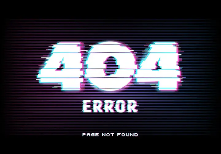 Cyfrowy błąd 404 z efektem glitch. Strona nie została odnaleziona, jakby zaginęła w cyfrowej otchłani.