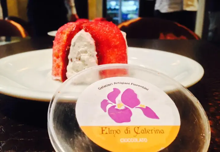 Delizioso zuccotto fiorentino, un dolce artigianale con ripieno cremoso e copertura rossa, pronto per essere gustato.