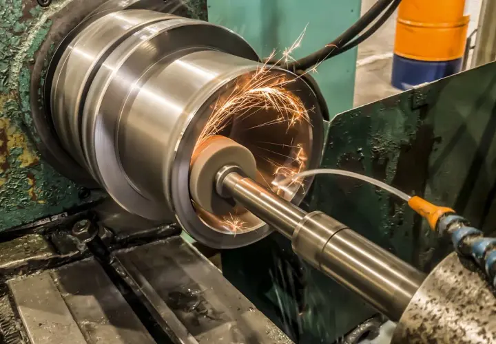 Precyzyjne szlifowanie płaszczyzn cylindrycznego elementu metalowego, iskry sypią się spod ściernicy.