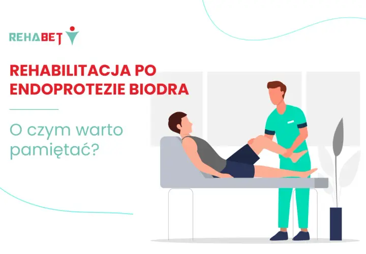 Rehabilitacja po endoprotezie stawu biodrowego: fizjoterapeuta pomaga pacjentowi w ćwiczeniach.