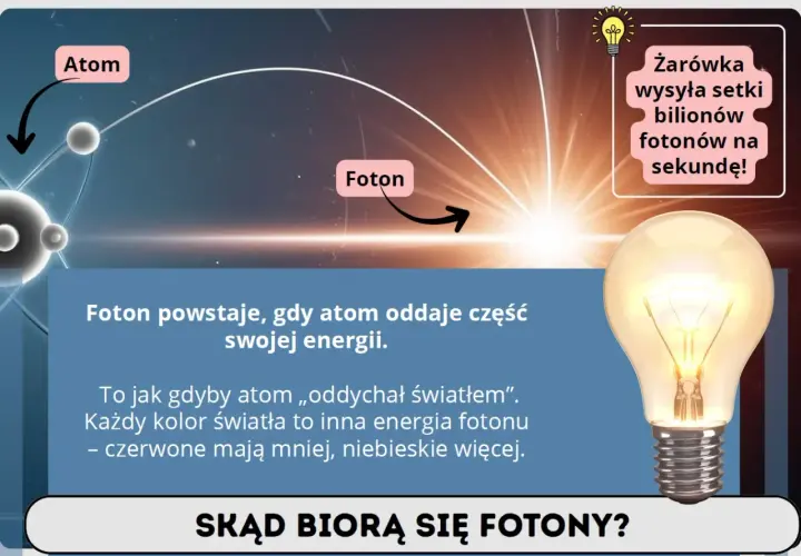 Atom oddaje energię, tworząc foton. Żarówka emituje biliony fotonów na sekundę.