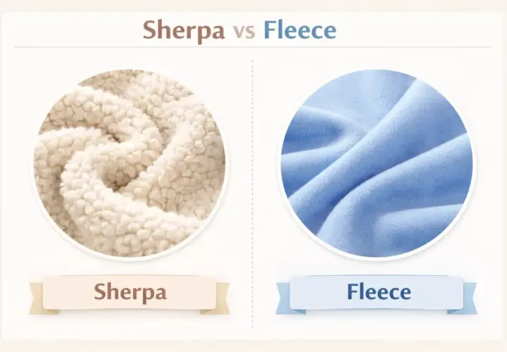 Close-up of sherpa fleece vs. smooth fleece. Is sherpa fleece vegan? This image shows the textures of both, with sherpa on the left and fleece on the right.