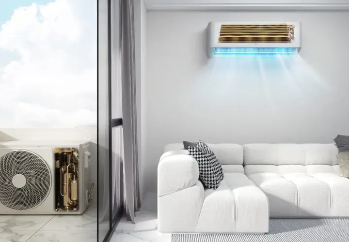 Unidad exterior de aire acondicionado con compresor visible. ¿Cuánto pesa un compresor de aire acondicionado? La unidad interior emite aire frío.