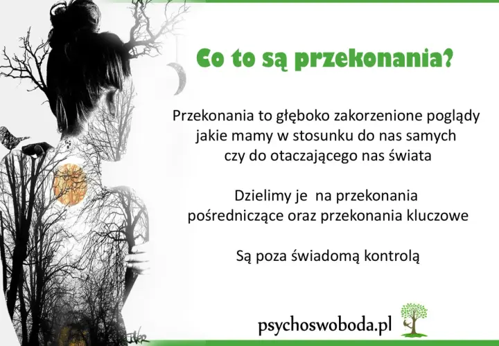 Przekonania kluczowe przykłady: głęboko zakorzenione poglądy o sobie i świecie, poza świadomą kontrolą. Sylwetka kobiety z lasem w środku.