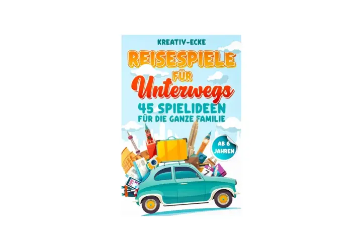 Ein Buchcover mit dem Titel "Reisespiele für Unterwegs" zeigt ein Auto voller Gepäck und Wahrzeichen. Perfekt für reisespiele erwachsene und die ganze Familie.