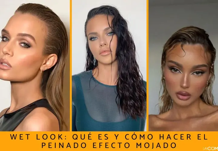 Tres modelos lucen peinados con pelo efecto mojado, un look moderno y sofisticado.