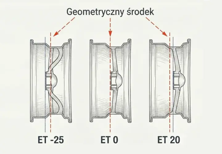 Ilustracja porównująca felgi z różnym ET: -25, 0 i 20. Pokazuje, jak zmienia się położenie geometrycznego środka felgi.