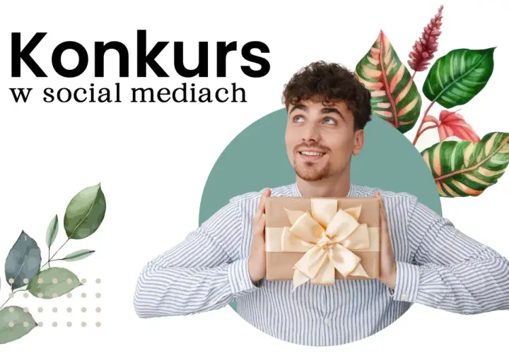 Uśmiechnięty mężczyzna z prezentem w rękach, zapraszający do udziału w konkursie na Instagramie.