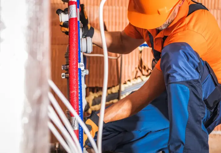 Instalator w pomarańczowym kasku i niebieskich spodniach wykonuje próbę ciśnieniową instalacji wodnej zgodnie z normą, pracując przy czerwonych i niebieskich rurach.