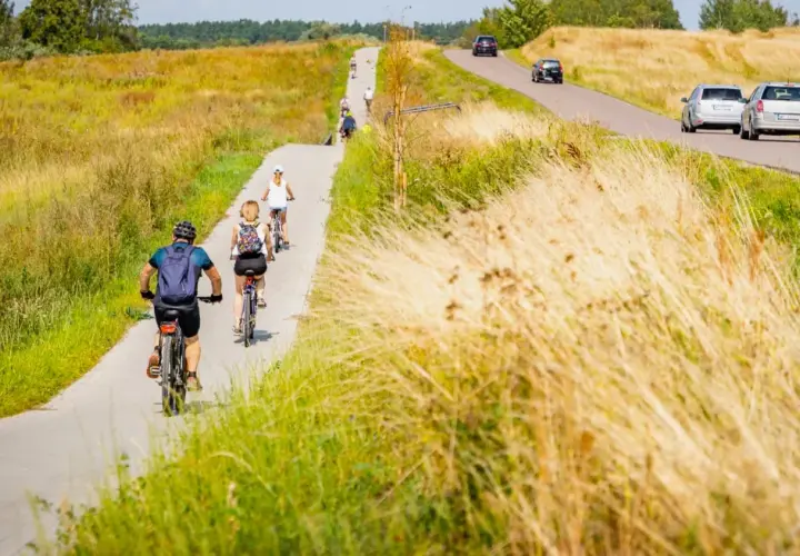 Ludzie na rowerach przemierzają malownicze mazury trasy rowerowe, otoczeni złotymi polami.