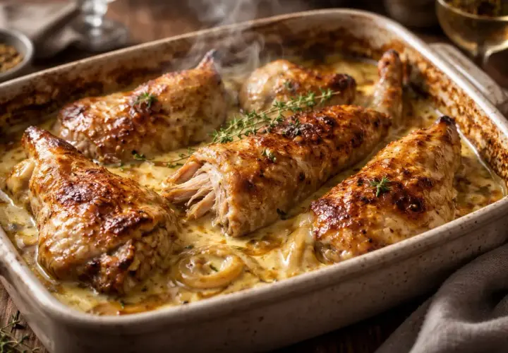 Morceaux de lapin à la moutarde, dorés et tendres, mijotant dans une sauce crémeuse et fumante, ornés de brins de thym frais.
