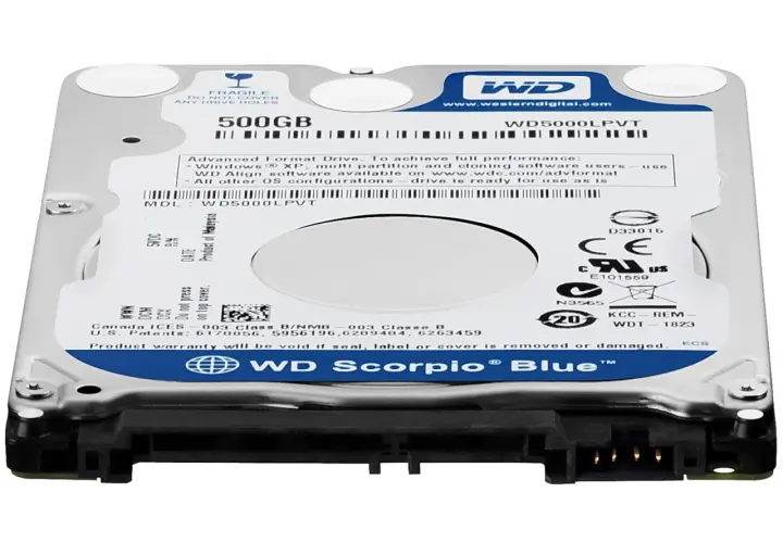 WD Scorpio Blue 500GB Festplatte. Ein Blick auf die technischen Daten und das Logo.