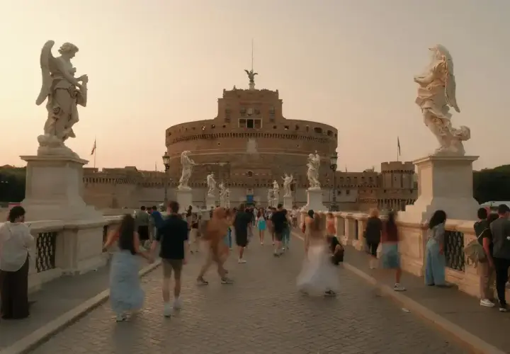 Pont Saint-Ange à Rome, avec le château en arrière-plan. Les tarifs pour visiter le château Saint-Ange à Rome sont abordables.
