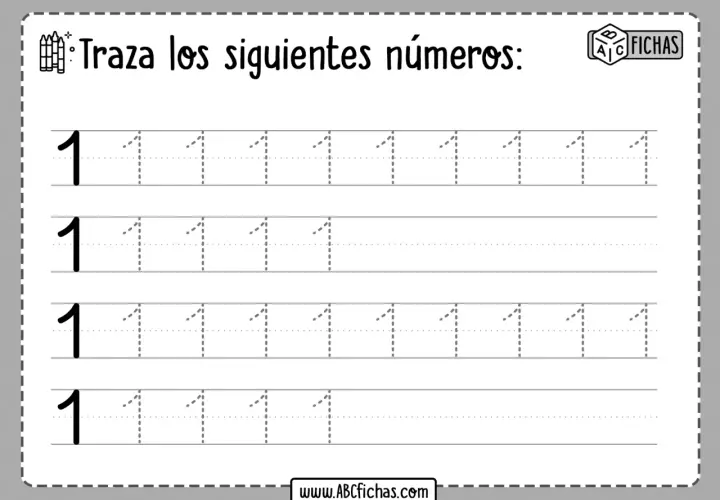 Hoja de caligrafía para practicar la escritura del número 1. Incluye líneas punteadas para trazar el número 1.