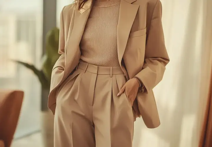 Elegancki beżowy garnitur w stylu business casual. Kobieta w marynarce i spodniach z wysokim stanem, gotowa na ważne spotkanie.