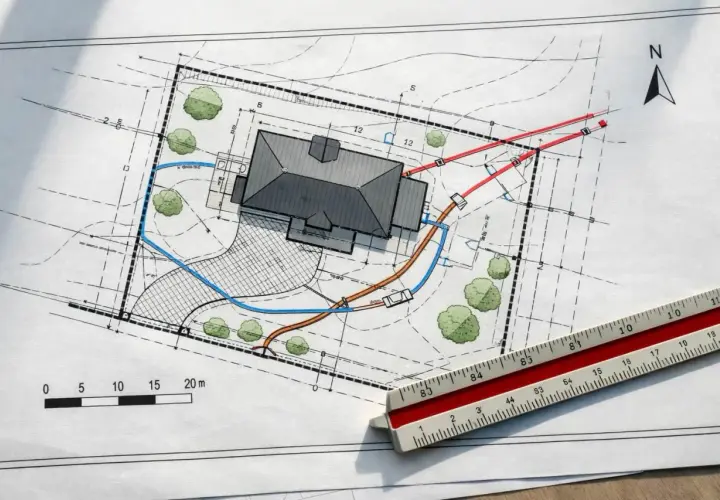 Projekt zagospodarowania terenu z domem, drzewami i zaznaczonymi instalacjami. Linijka geodezyjna obok.