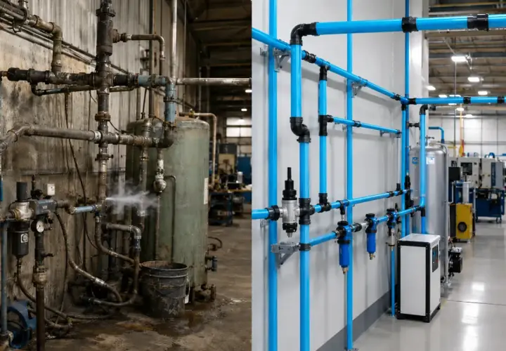 Comparación de instalaciones de aire comprimido: a la izquierda, un sistema antiguo y oxidado con fugas; a la derecha, un sistema moderno y eficiente.