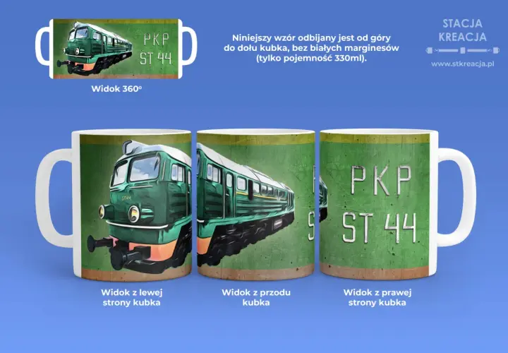 Kubek z motywem lokomotywy ST44 PKP Cargo. Widok z przodu, lewej i prawej strony.
