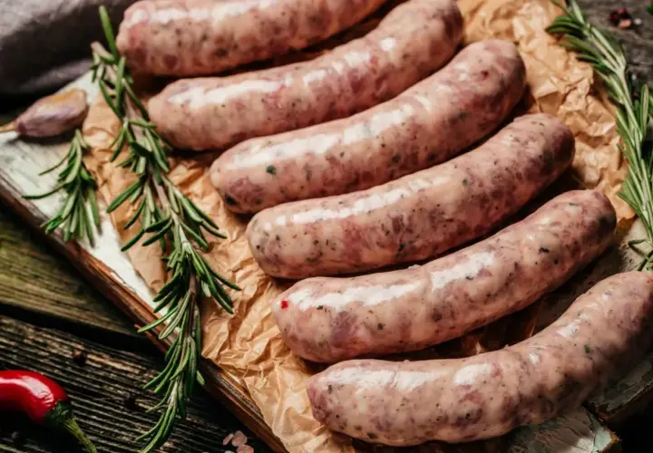 Surowa, świeża kiełbasa na desce, z gałązkami rozmarynu i papryczką chili. Zastanawiasz się, ile kiełbasa może być w zamrażarce?