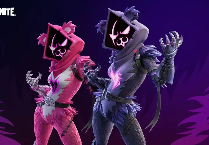 Dwie postacie z Fortnite: różowa i fioletowa, obie z maskami w kształcie głowy niedźwiedzia i neonowymi wzorami.
