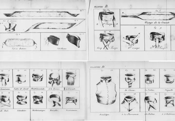 Gravures anciennes de cols de chemises, cravates et accessoires de mode.