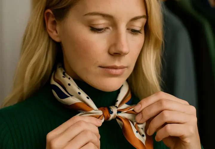 Blondynka w zielonym golfie uczy się, jak wiązać apaszki, tworząc elegancki węzeł.