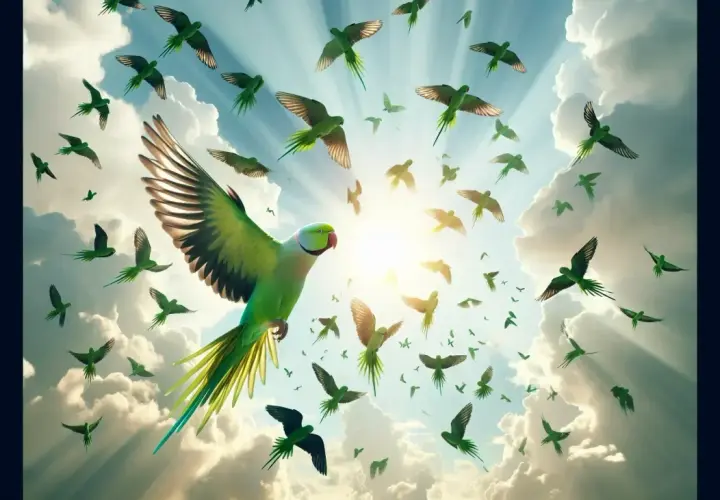 Un gran loro verde lidera una bandada de loros en el cielo azul, un sueño con loros que parece una visión celestial.