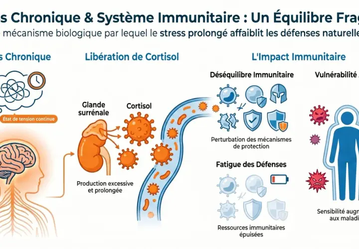 Le stress chronique épuise les ressources immunitaires, affaiblissant les défenses naturelles et augmentant la vulnérabilité aux maladies.