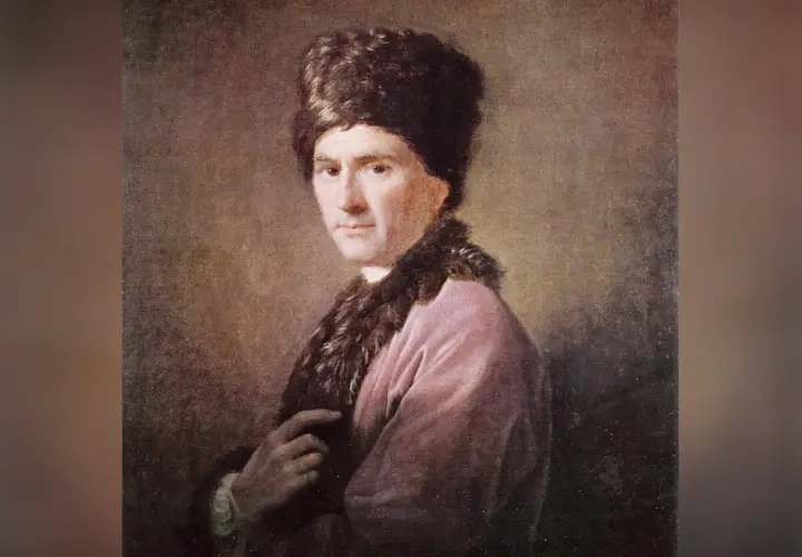 Portret Jeana-Jacques'a Rousseau w futrzanej czapie i różowej szacie, myślącego o swoich książkach.