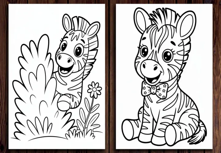 Dos adorables cebras para colorear, una escondida entre arbustos y otra con pajarita, listas para llenarse de color.